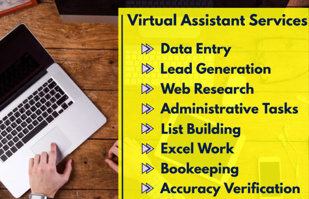 Infographic showing various virtual assistant services including administrative support, customer service, and technical assistance